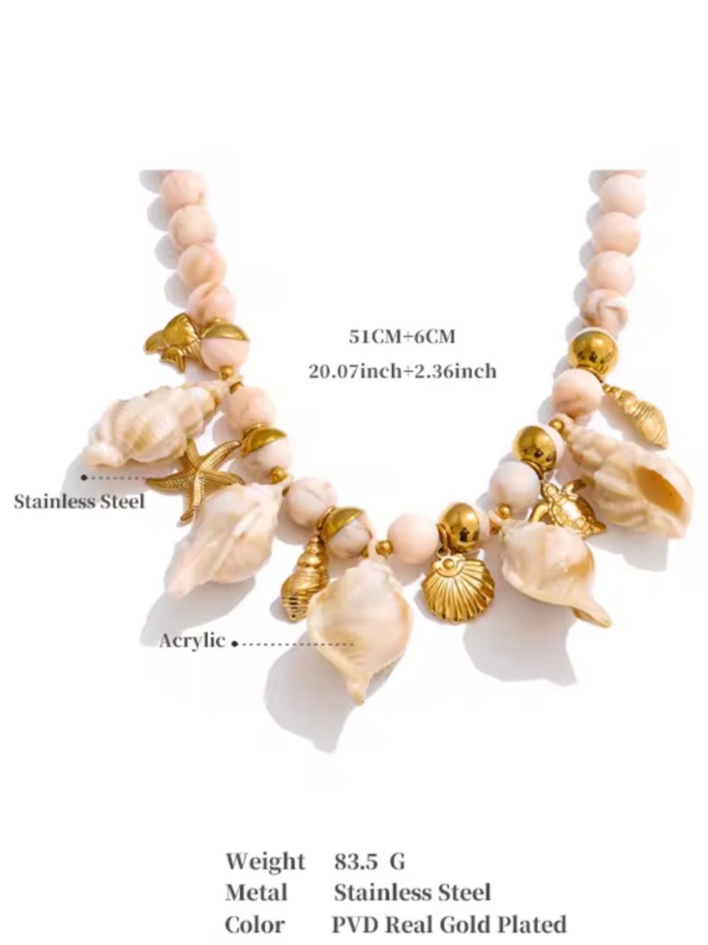 Coastel Cream Gold Shell Charm Beaded Necklace - Picture 7 of 12